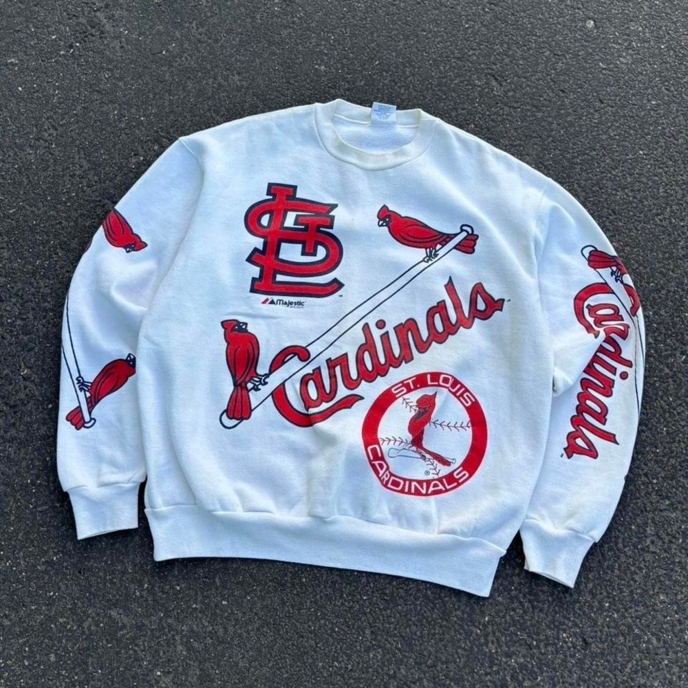 Vintage 90's St Louis Cardinals AOP Crewneck Majestic MLB Baseball Size XL